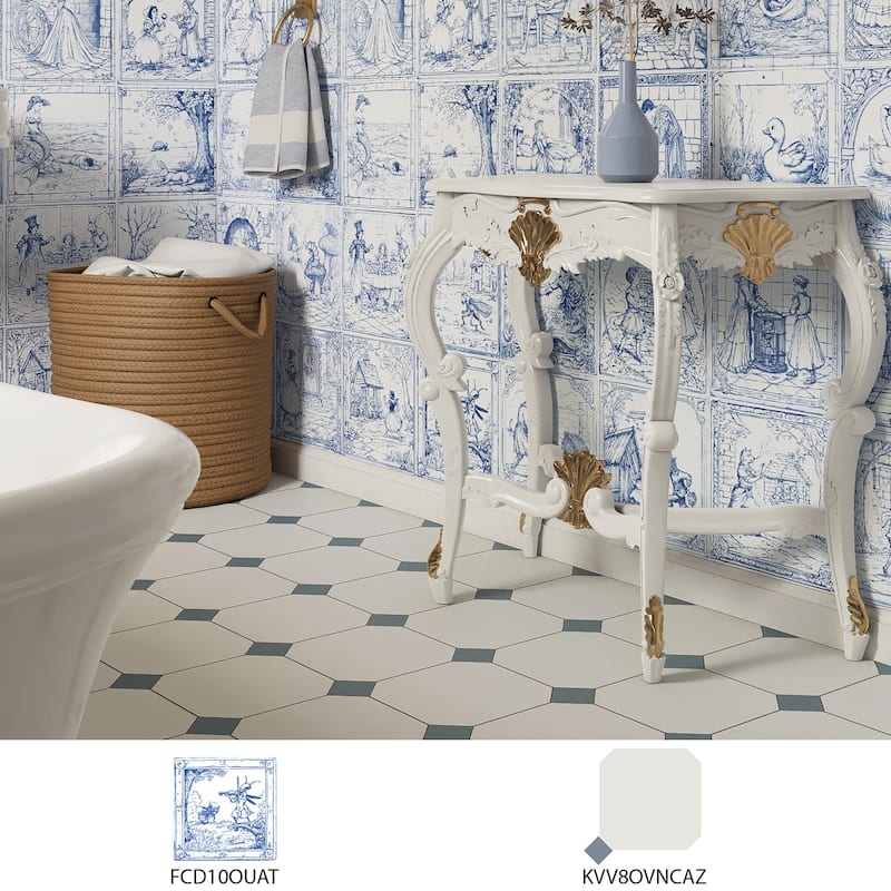 Wall Tile Blue Toile Pattern Shell Carvings Octagon And Dot