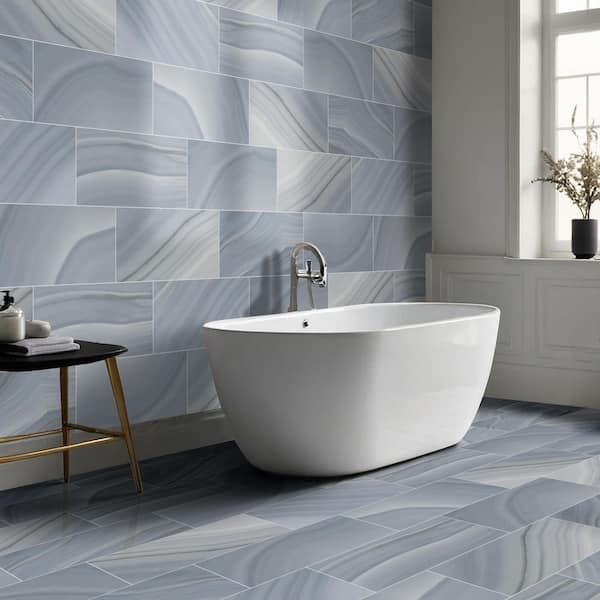 Wall Tile Blue Veined Marble Look Glossy Ceramic Large Format