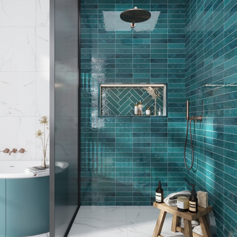 Wall Tile Bold Teal Subway Bathroom Glossy Ceramic Niche