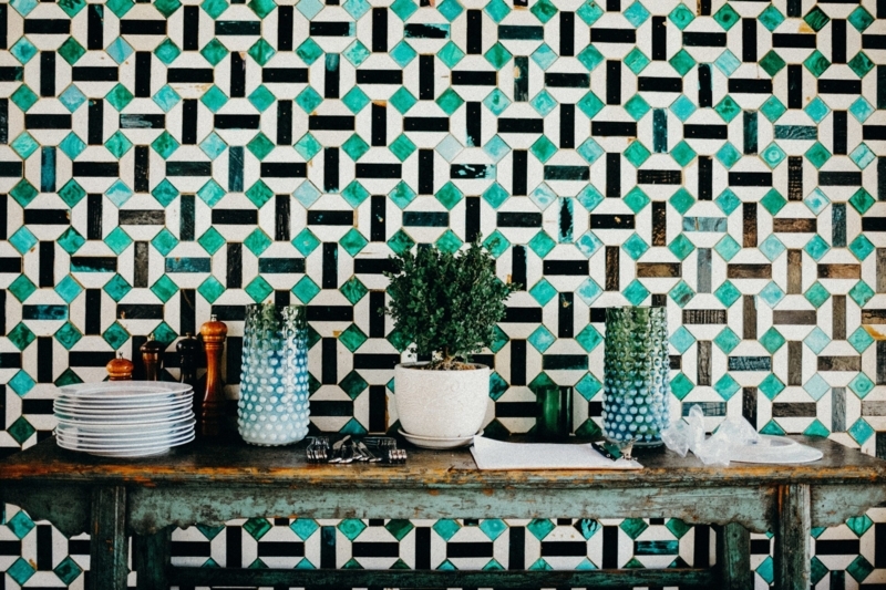 Wall Tile Bold Turquoise Geometric Lattice Pattern Backsplash
