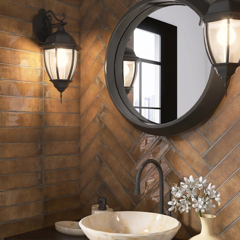 Wall Tile Ceramic Glossy Marron Herringbone Layout Moody Style