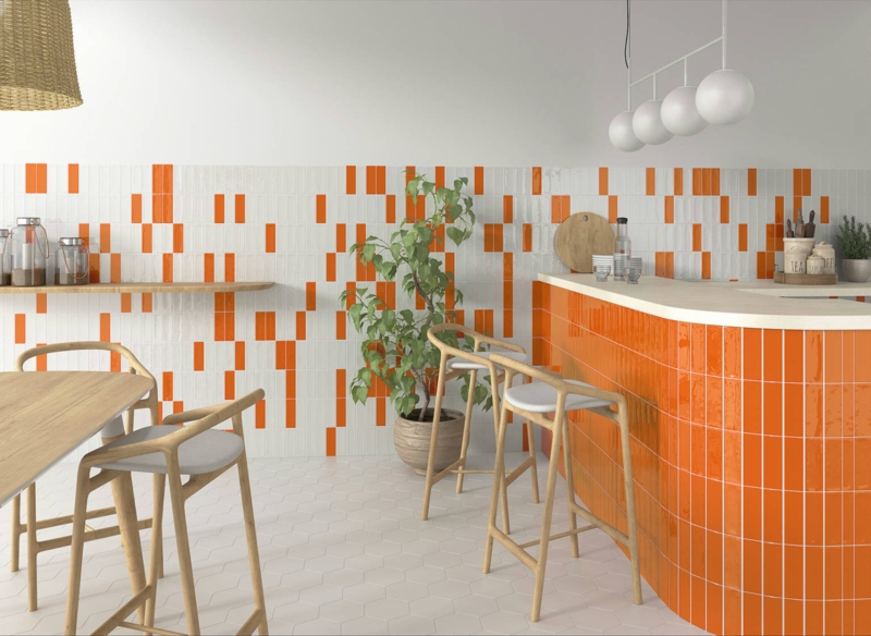 Wall Tile Ceramic Pixelated Pattern Vertical Stack Glossy White Accent
