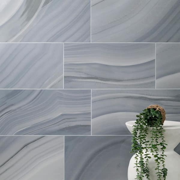 Wall Tile Coastal Blue Wavy Veining Glossy Reflective