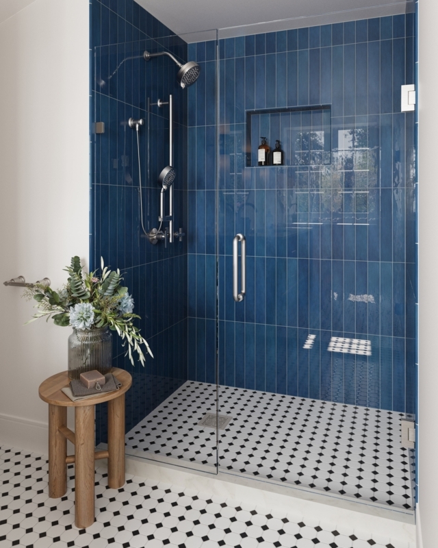 Wall Tile Cobalt Blue Glossy Vertical Stack Shower Design