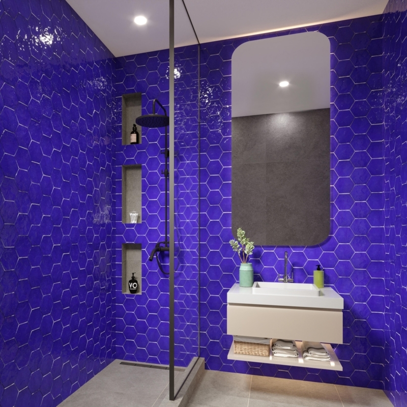 Wall Tile Cobalt Blue Hexagonal Undulating Glossy Honeycomb
