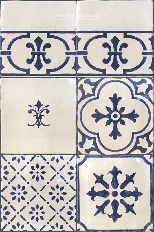 Wall Tile Crackle Glaze Hand Painted Look Cobalt Blue Fleur De Lis