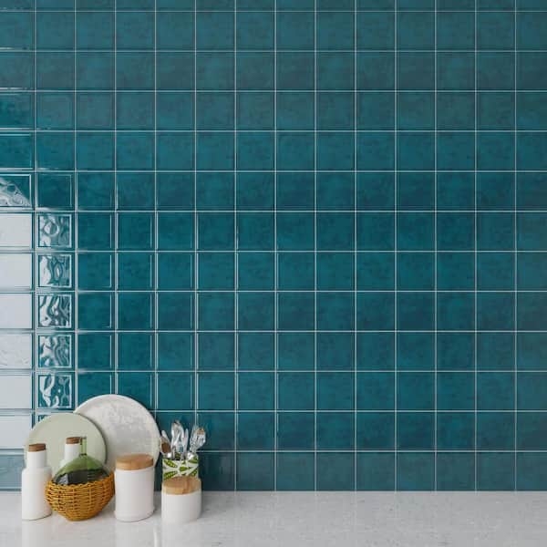 Wall Tile Dark Teal Mottled Glossy Glaze with Rippled Accents