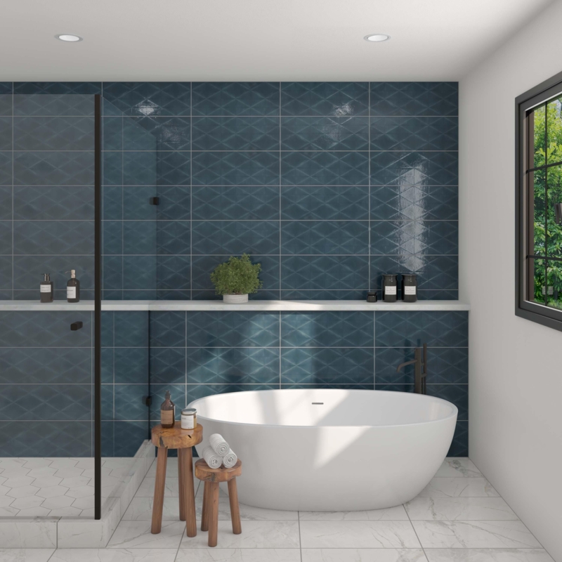 Wall Tile Diamond Textured Antique Blue Glossy Geometric Accent Wall