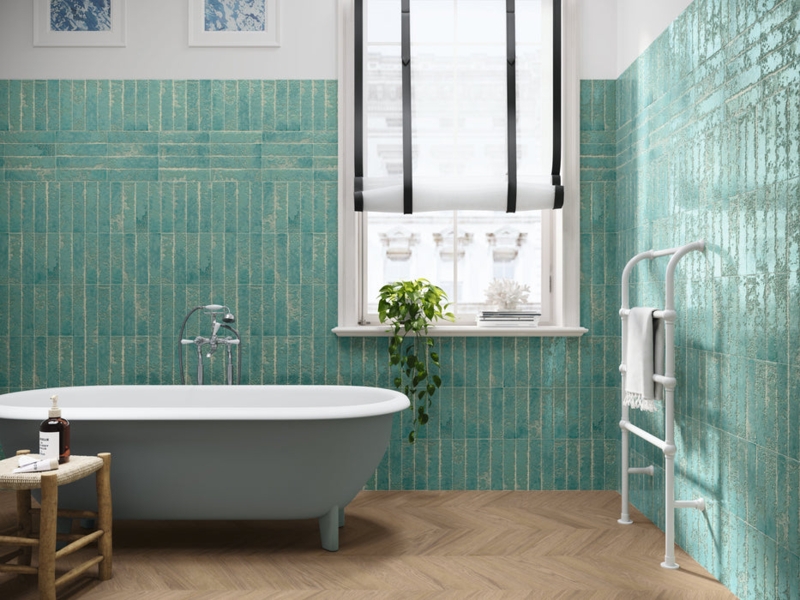 Wall Tile Distressed Teal Ceramic, Vertical Stack in Modern Spa