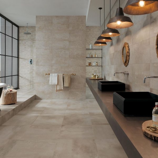 Wall Tile Ecru Beige Large Format Matte Industrial Bathroom Design