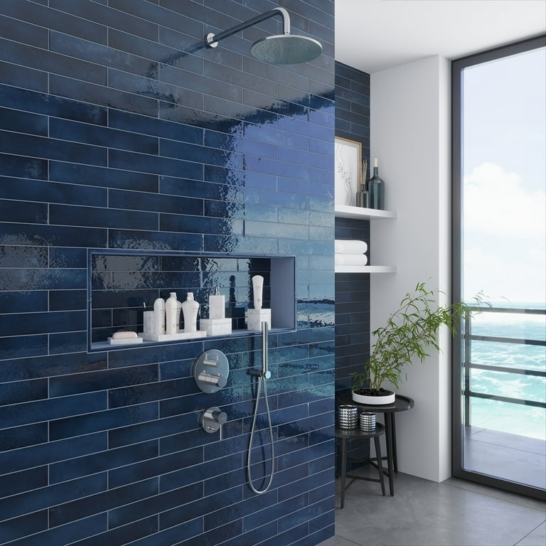 Wall Tile Elongated Navy Blue Glossy Subway Ceramic Shower