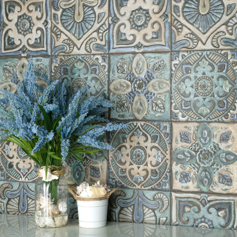 Wall Tile Embossed Mandala Pattern Slate Blue Sage Green Relief