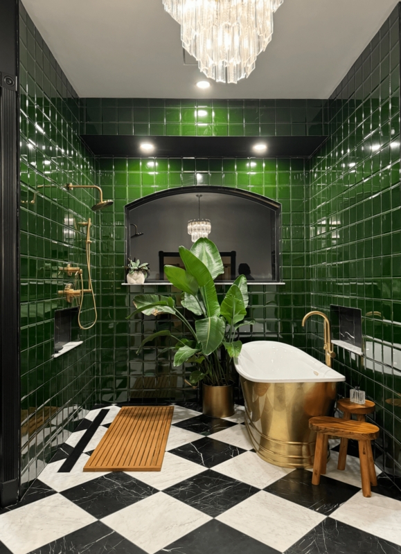 Wall Tile Emerald Green Glossy Checkered Floor Gold Accents Glam