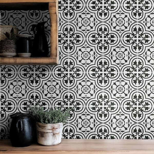 Wall Tile Encaustic Pattern Black And White Floral Motif Matte