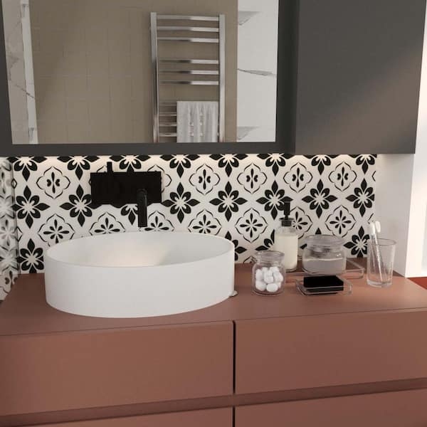 Wall Tile Floral Geometric Pattern Peel and Stick Black