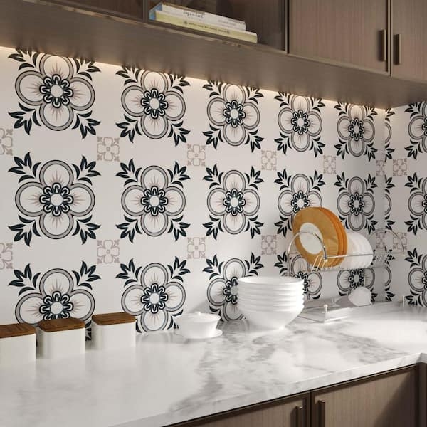 Wall Tile Floral Medallion Peel and Stick Black Matte