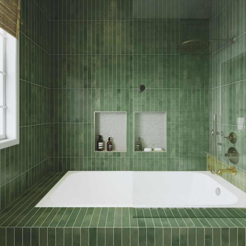 Wall Tile Forest Green Vertical Satin Porcelain Modern Bathroom Idea
