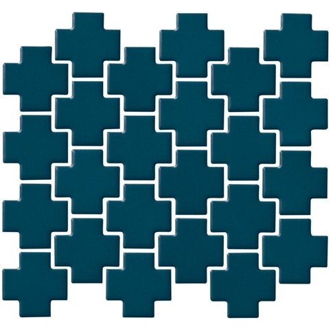 Wall Tile Geometric Cross Shape, Bold Teal Porcelain Mosaic
