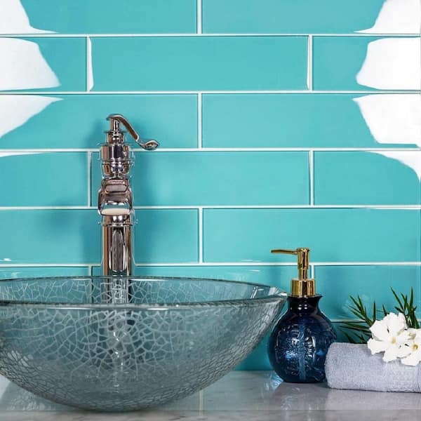Wall Tile: Glass Subway Polished Finish Modern Coastal Vanity Backsplash