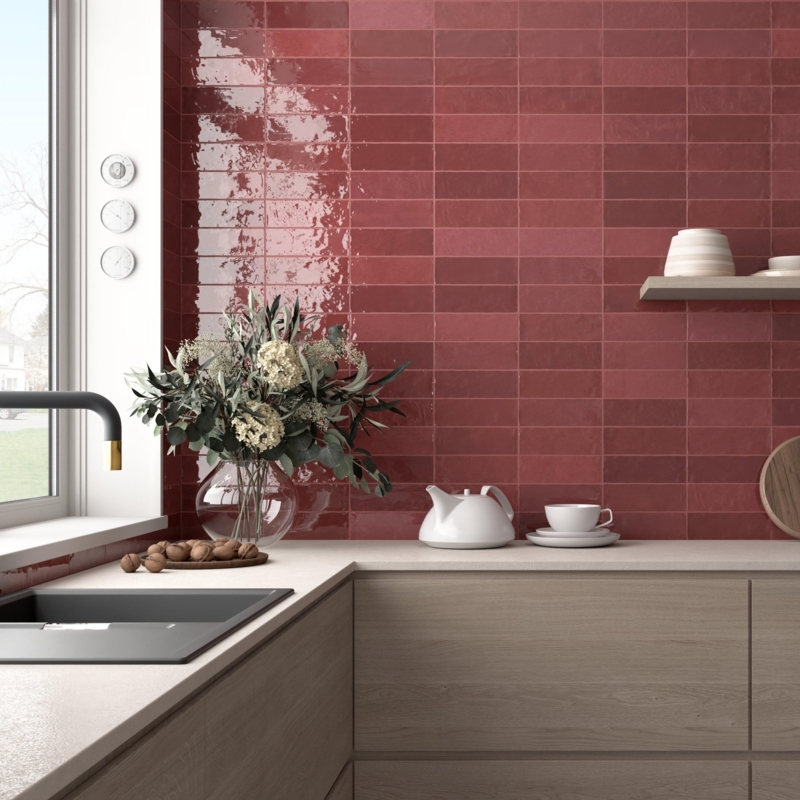 Wall Tile Glossy Bordeaux Red Zellige Style Undulating