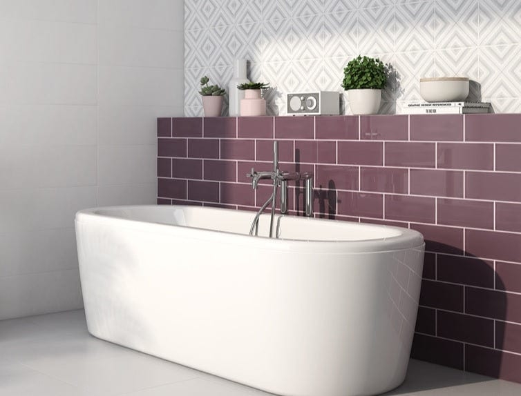 Wall Tile Glossy Burgundy Subway with Geometric Contrast