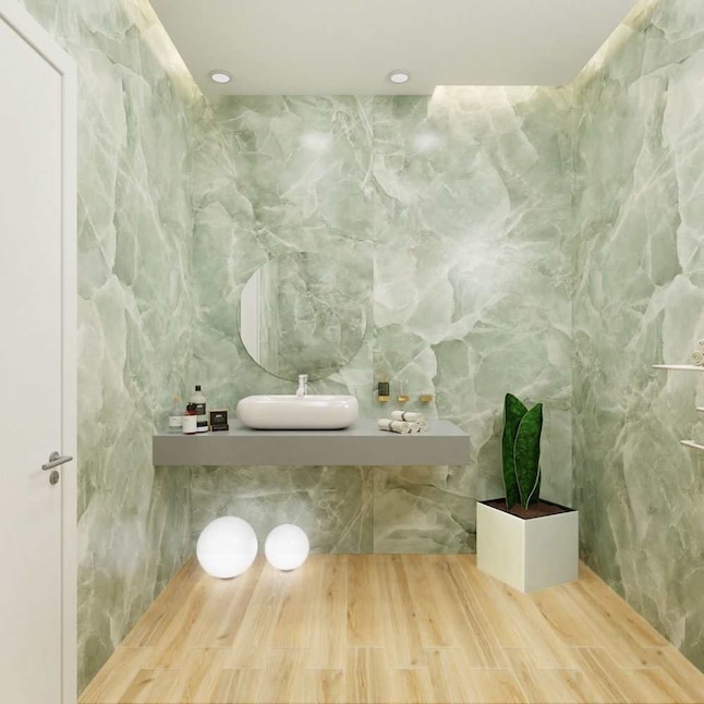 Wall Tile: Glossy Jade Green Marble Look for Spa Bathrooms