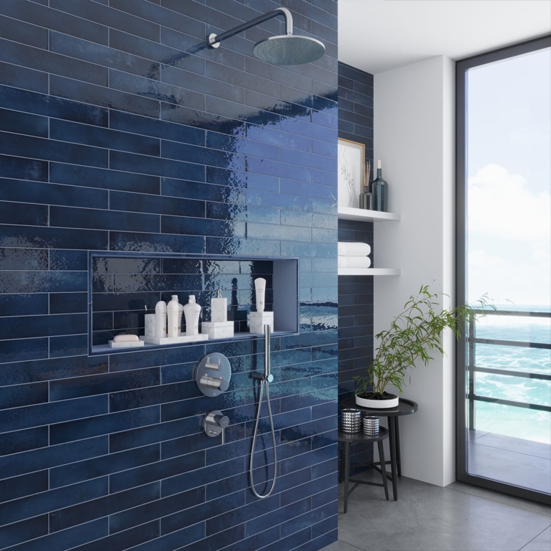 Wall Tile Glossy Navy Blue Elongated Subway Shower Niche