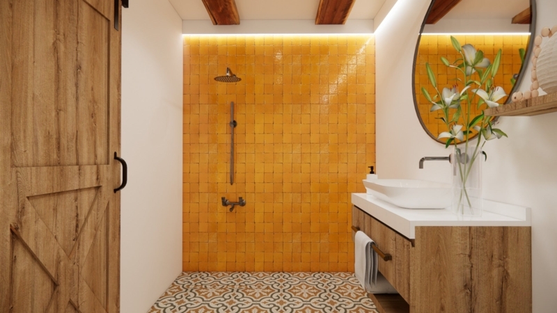 Wall Tile Glossy Orange Ceramic Modern Rustic Shower Design Idea