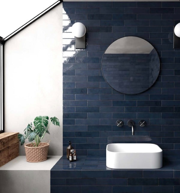 Wall Tile Glossy Subway with Vessel Sink Pairing Moody Style
