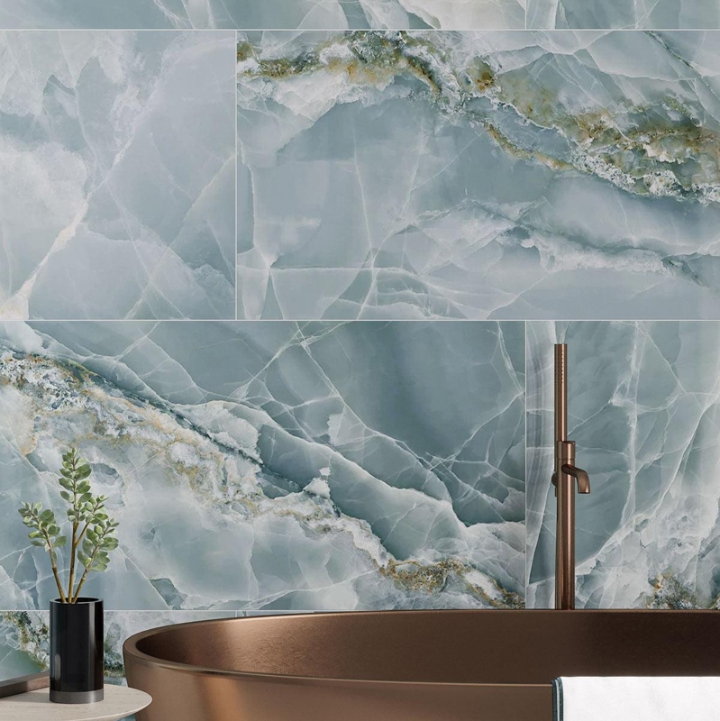 Wall Tile Glossy Teal Onyx Veining Porcelain Large Format Modern Glam