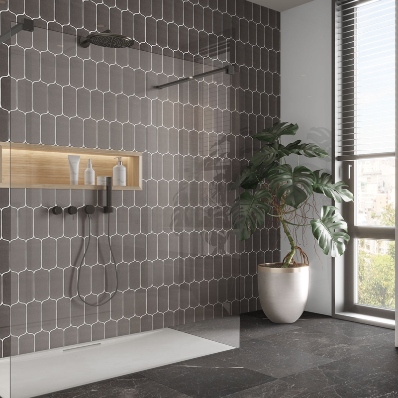 Wall Tile Glossy Tear Shape Charcoal White Contrast Contemporary Shower