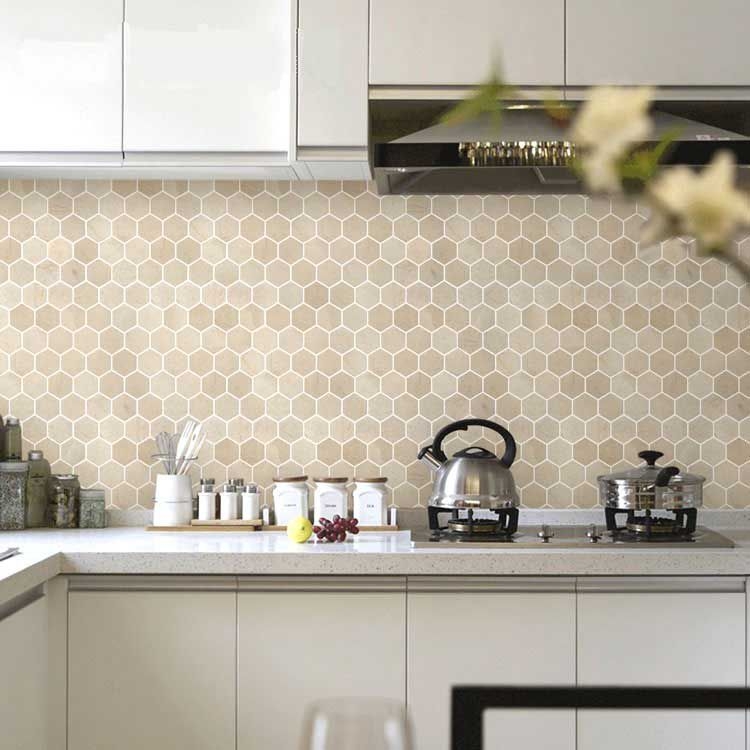 Wall Tile Hexagon Beige Marble Matte Finish Mosaic Mesh