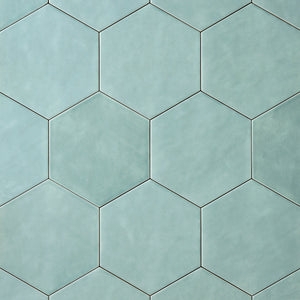 Wall Tile: Hexagon Ceramic Glossy Mottled Surface Thin Grout Lines Coastal