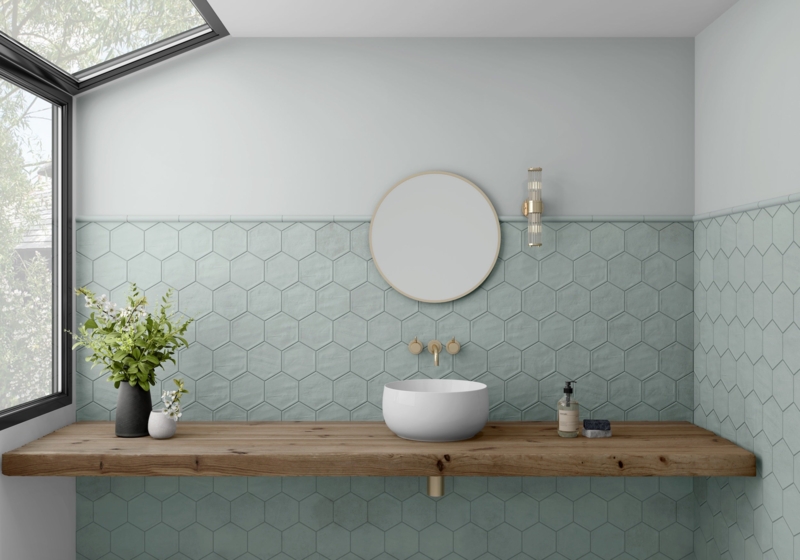 Wall Tile: Hexagon Porcelain Thick Floating Wood Slab Gold Faucet Modern Organic