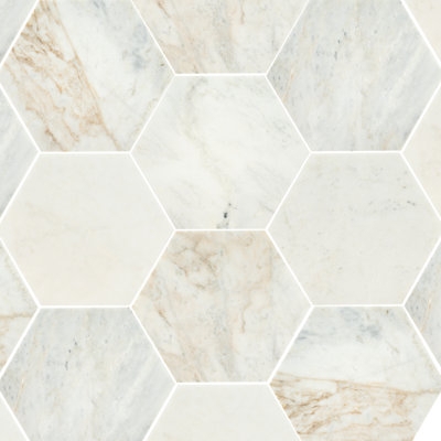 Wall Tile Honed Stone Hexagonal Shape Marble Veining White Cream