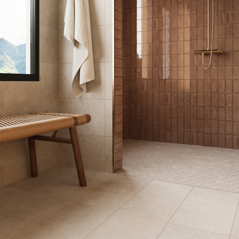 Wall Tile in Glossy Clay with Vertical Stack Bond for Shower
