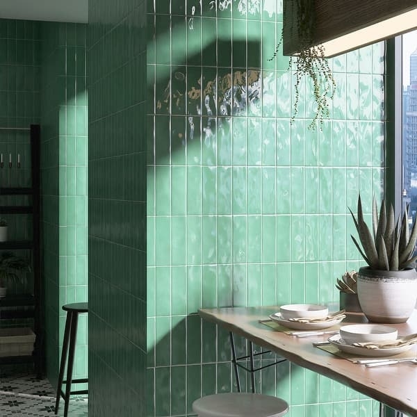 Wall Tile Jade Green Vertical Subway Glossy Undulated Modern Dining