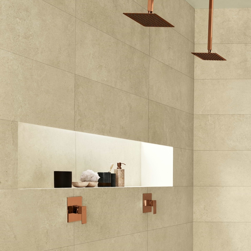 Wall Tile Large Format Matte Illuminated Niche Copper Fixtures