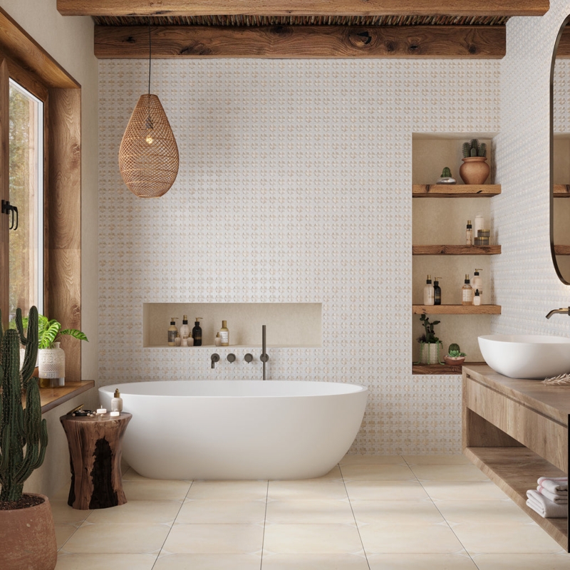 Wall Tile Large Format White Porcelain with Star Detail Pattern