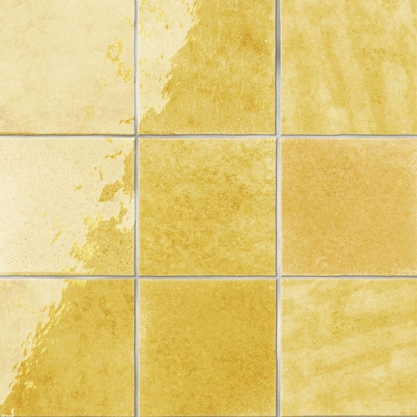 Wall Tile Lemon Yellow Matte Watercolor Variegation Square Distressed