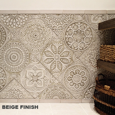 Wall Tile Mandala Pattern Raised Relief Matte Beige Diagonal Layout