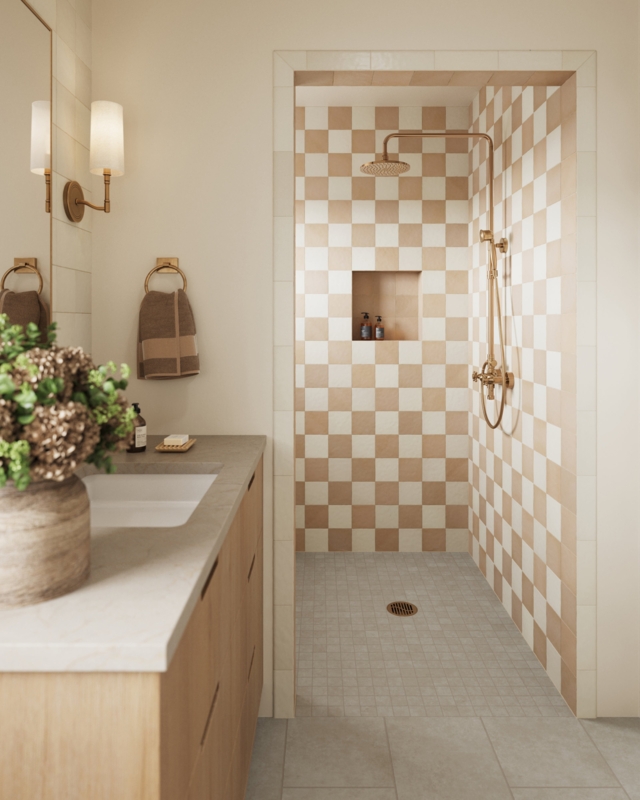 Wall Tile Matte Tan and Cream Checkerboard Pattern Ceramic