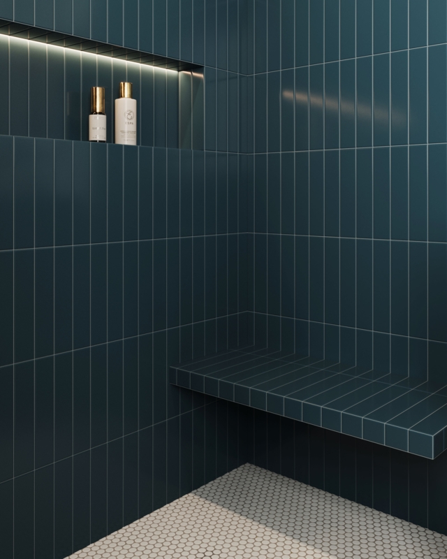Wall Tile Matte Teal Vertical Stack, Built-in Shower Bench