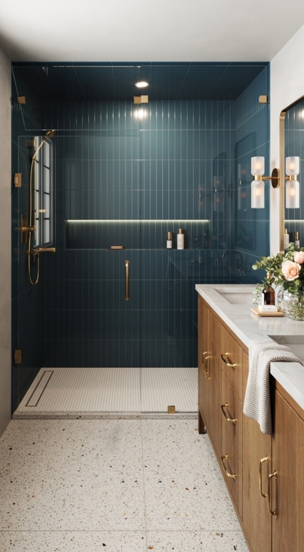 Wall Tile Matte Teal Vertical Stack, Terrazzo Floor Bathroom