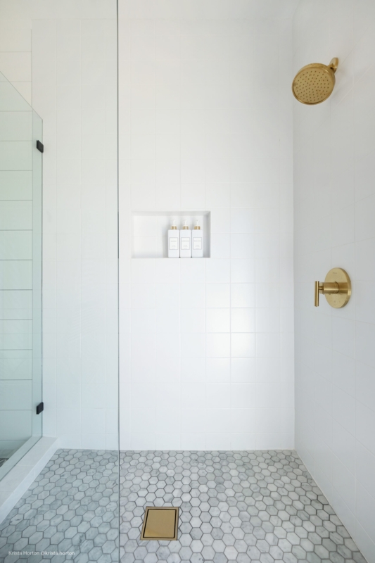 Wall Tile Matte White Square Shower Niche Gold Hardware Hex Floor