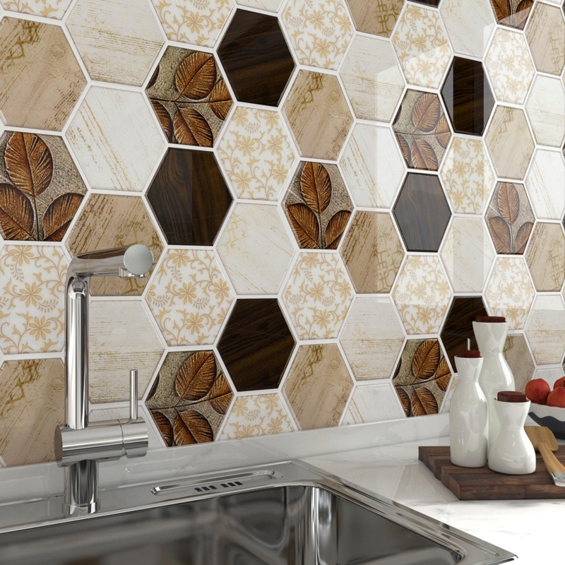 Wall Tile Mixed Motif Hexagon Peel and Stick Boho Wood Floral