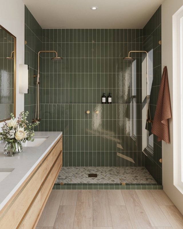 Wall Tile Moss Green Vertical Bathroom Glossy Subway Stack