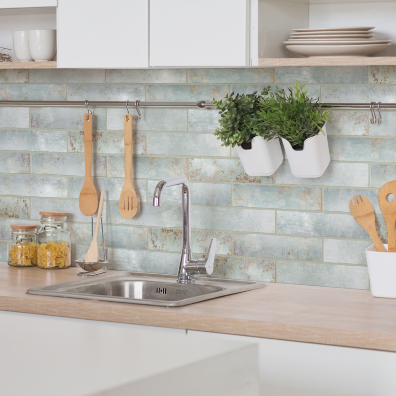 Wall Tile Mottled Green Glaze Subway Layout Weathered Finish