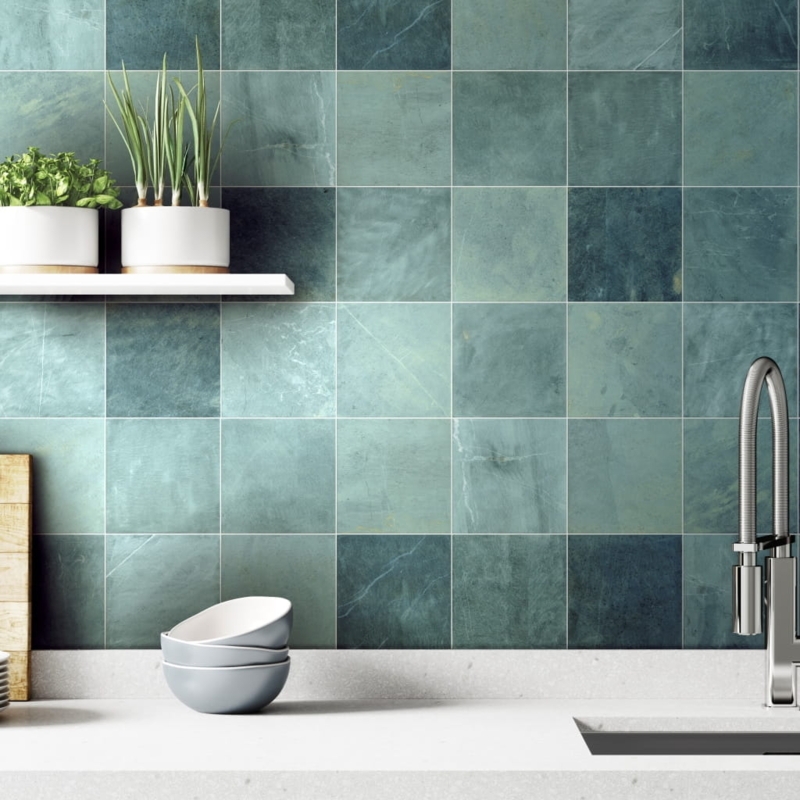 Wall Tile Multi-Tonal Teal Square, Stone Effect Backsplash