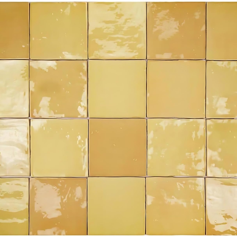 Wall Tile Mustard Yellow Glossy Handmade Look Wavy Texture Square